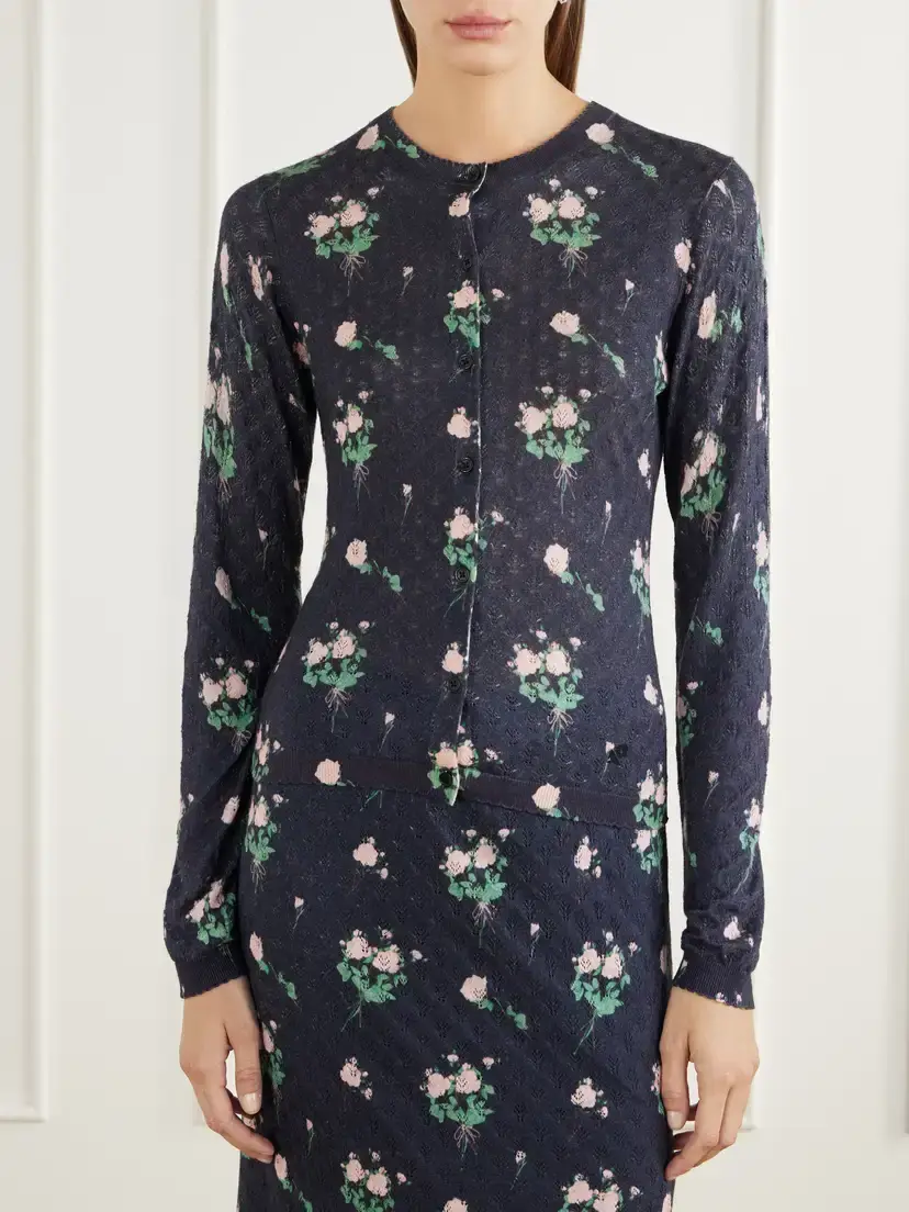 BERNADETTE Kira Floral-print Pointelle-knit Silk, Wool And Cashmere-blend Cardigan - Black | Thumbnail 3 BERNADETTE Kira Floral-print Pointelle-knit Silk, Wool And Cashmere-blend Cardigan - Black | Thumbnail 3