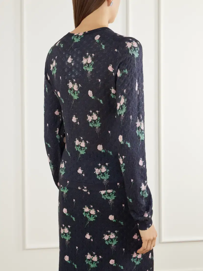 BERNADETTE Kira Floral-print Pointelle-knit Silk, Wool And Cashmere-blend Cardigan - Black | Thumbnail 4 BERNADETTE Kira Floral-print Pointelle-knit Silk, Wool And Cashmere-blend Cardigan - Black | Thumbnail 4