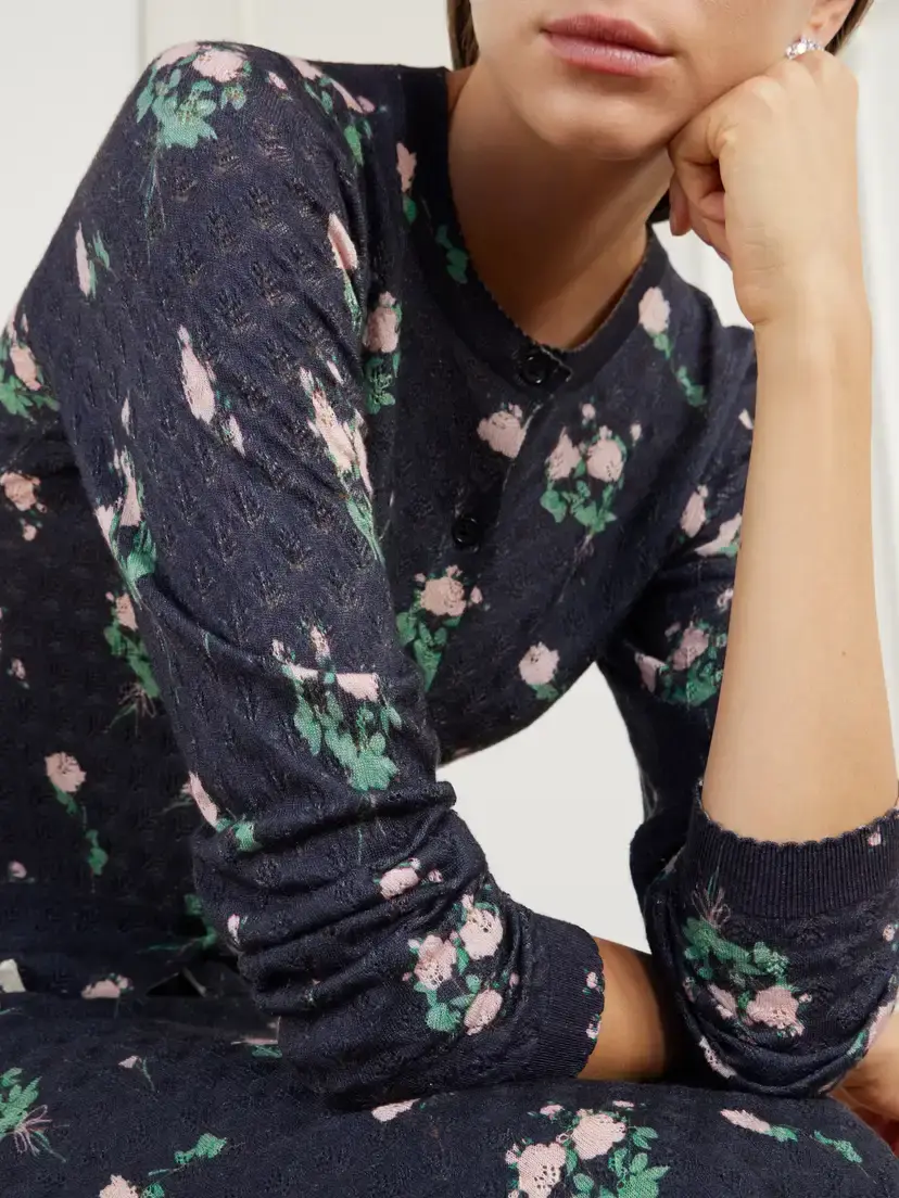 BERNADETTE Kira Floral-print Pointelle-knit Silk, Wool And Cashmere-blend Cardigan - Black | Thumbnail 5 BERNADETTE Kira Floral-print Pointelle-knit Silk, Wool And Cashmere-blend Cardigan - Black | Thumbnail 5
