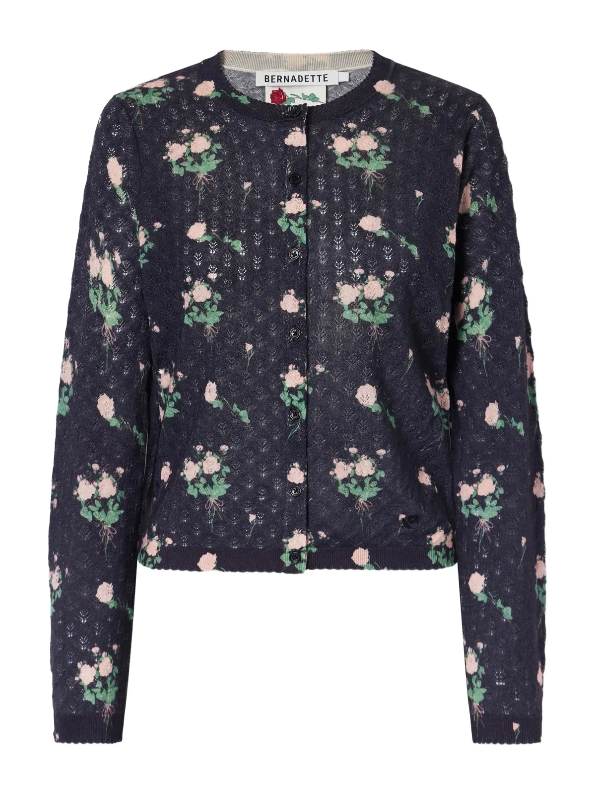 BERNADETTE Kira Floral-print Pointelle-knit Silk, Wool And Cashmere-blend Cardigan - Black