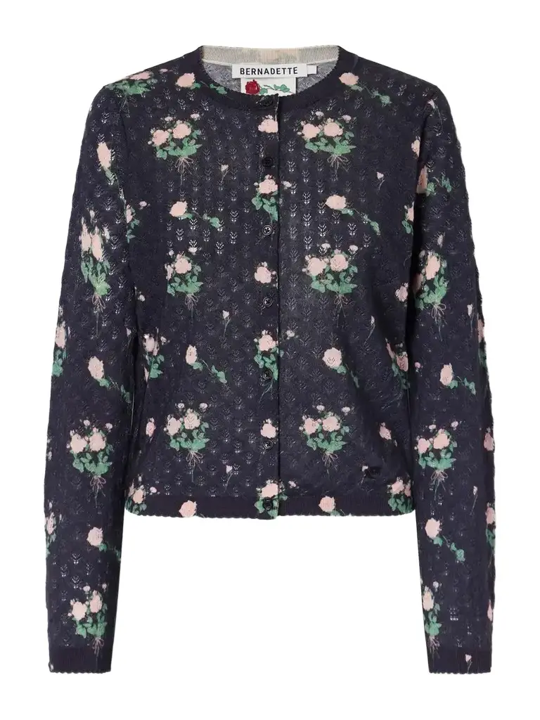 BERNADETTE Kira Floral-print Pointelle-knit Silk, Wool And Cashmere-blend Cardigan - Black