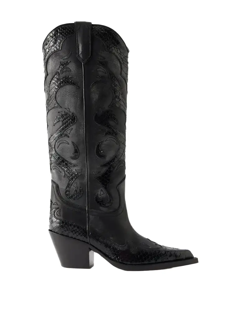 Paris Texas Tucson 60 Embroidered Snake-effect Trimmed Leather Knee Boots
