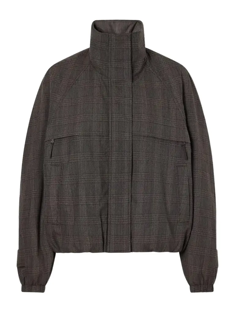 Checked Padded Leather-trimmed Wool-blend Mouliné Jacket