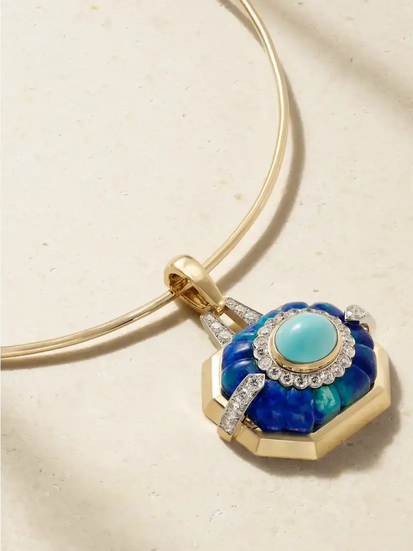 DAVID WEBB 18-karat Gold And Platinum, Diamond, Turquoise And Azurmalachite Necklace | Thumbnail 4