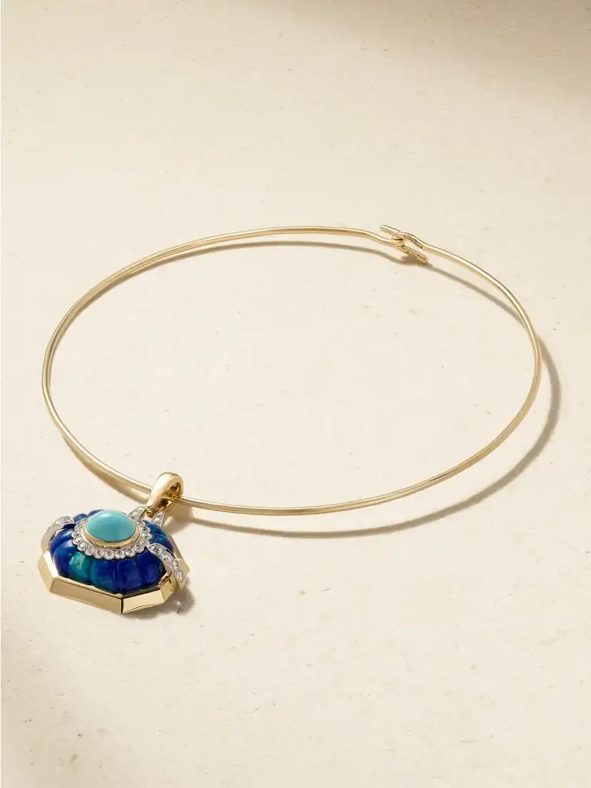 DAVID WEBB 18-karat Gold And Platinum, Diamond, Turquoise And Azurmalachite Necklace