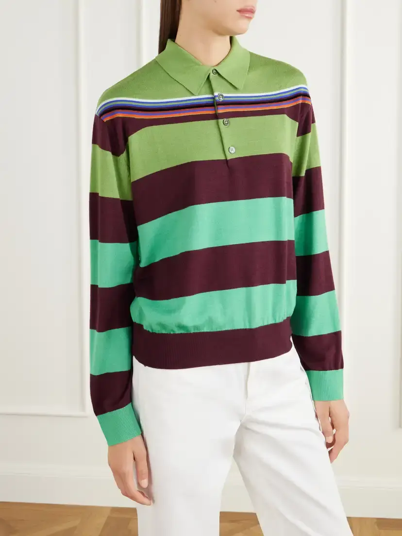 Christopher John Rogers Striped Wool And Silk Blend Polo Shirt | Thumbnail 3 Christopher John Rogers Striped Wool And Silk Blend Polo Shirt | Thumbnail 3