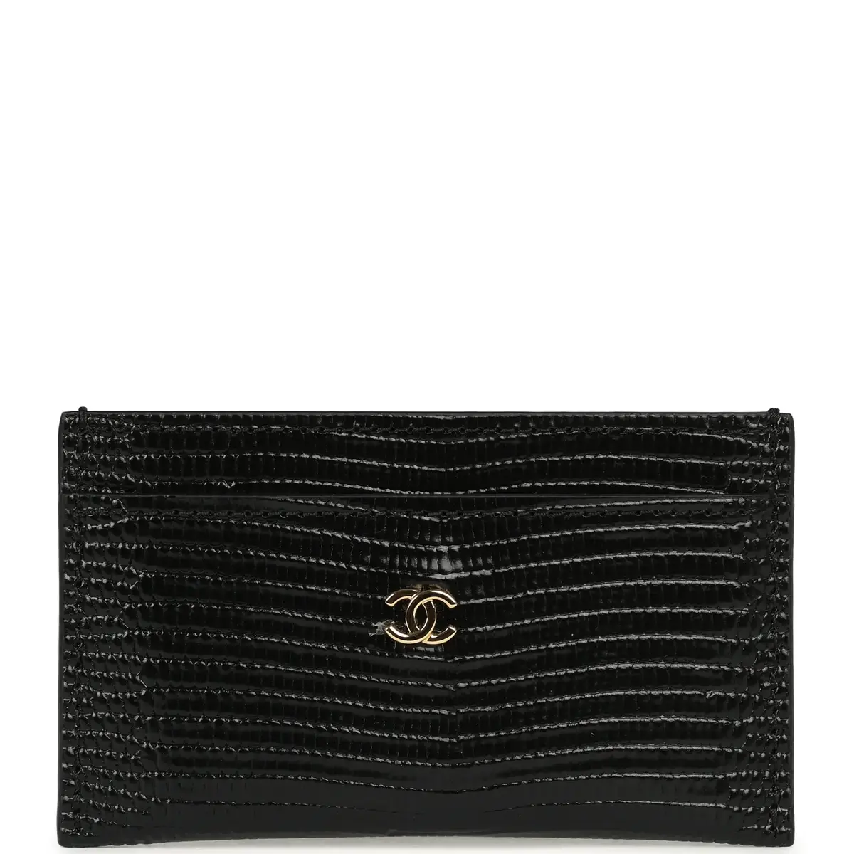 Chanel CC Card Holder Wallet Black Lizard Embossed Calfskin Gold Hardware