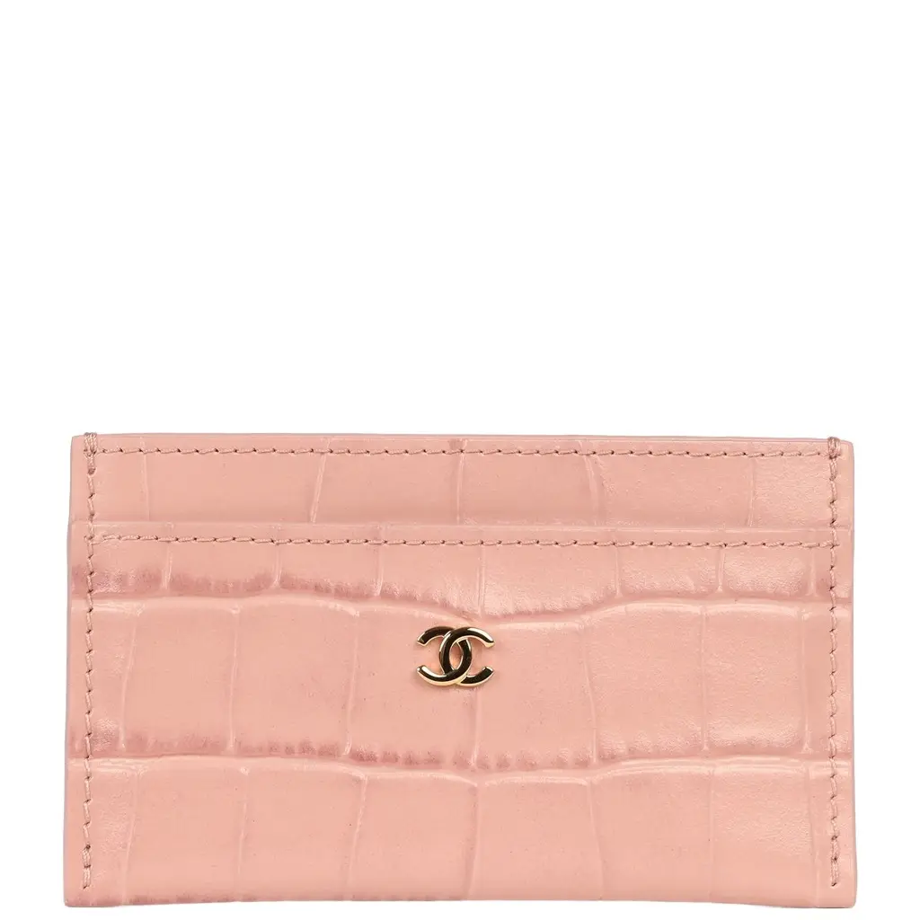 Chanel CC Card Holder Wallet Pink Croc Embossed Calfskin Gold Hardware
