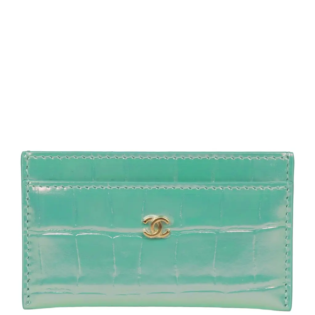 Chanel CC Card Holder Wallet Turquoise Iridescent Croc Embossed Calfskin Gold Hardware