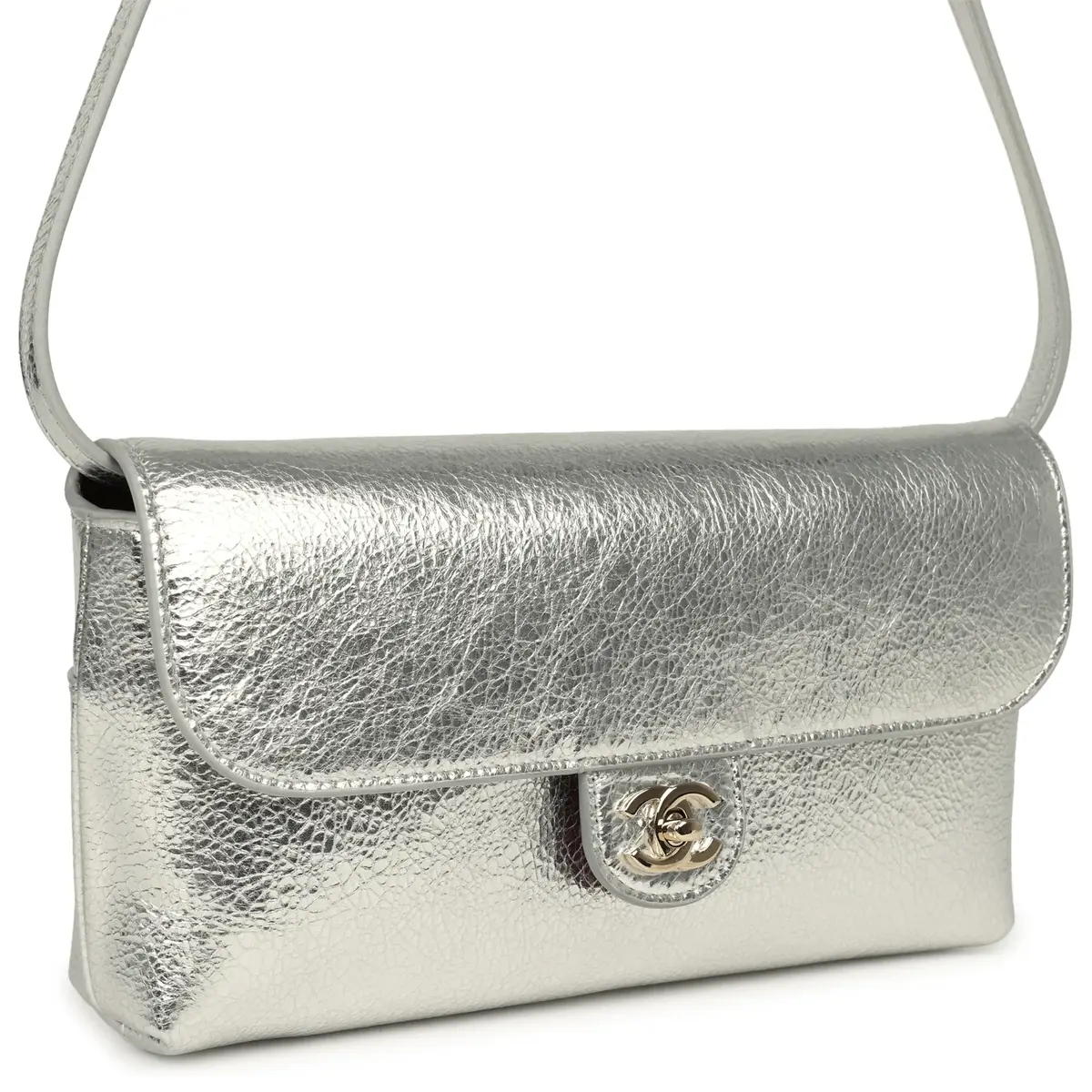 Chanel Chanel Clutch Bag with Leather Strap Silver Metallic Calfskin Gold Hardware | Thumbnail 2 Chanel Chanel Clutch Bag with Leather Strap Silver Metallic Calfskin Gold Hardware | Thumbnail 2