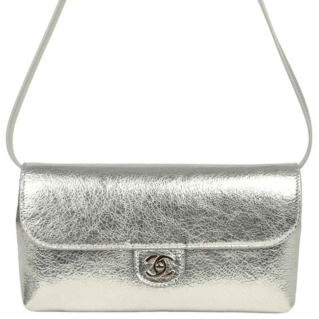 Chanel Chanel Clutch Bag with Leather Strap Silver Metallic Calfskin Gold Hardware