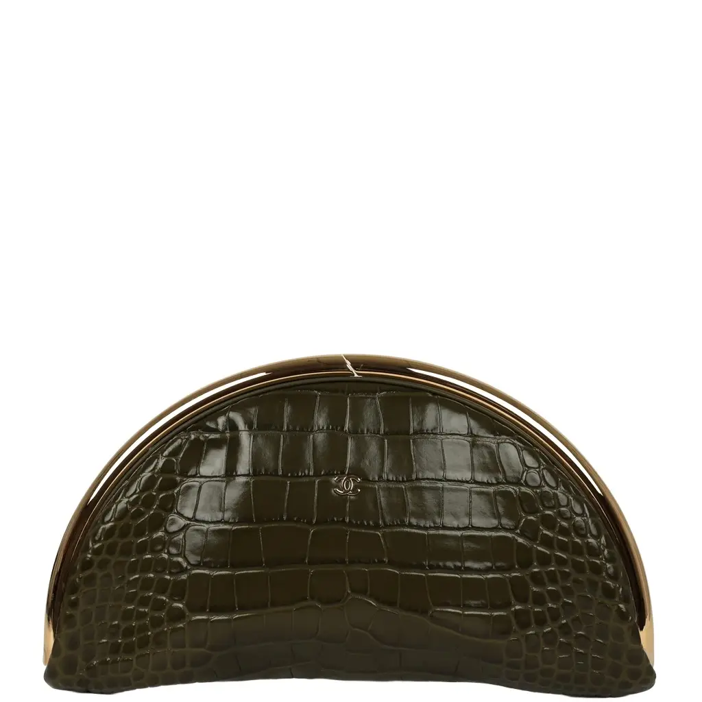 Chanel Chanel Half Moon Clutch Bag Khaki Croc Embossed Calfskin Gold Hardware