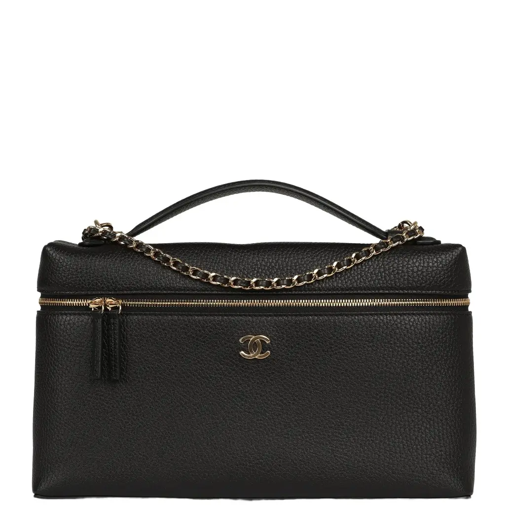 Chanel Chanel Large "Supple" Trapeze Top Handle Long Vanity Case with Chain Black Grained Calfskin Gold Hardware