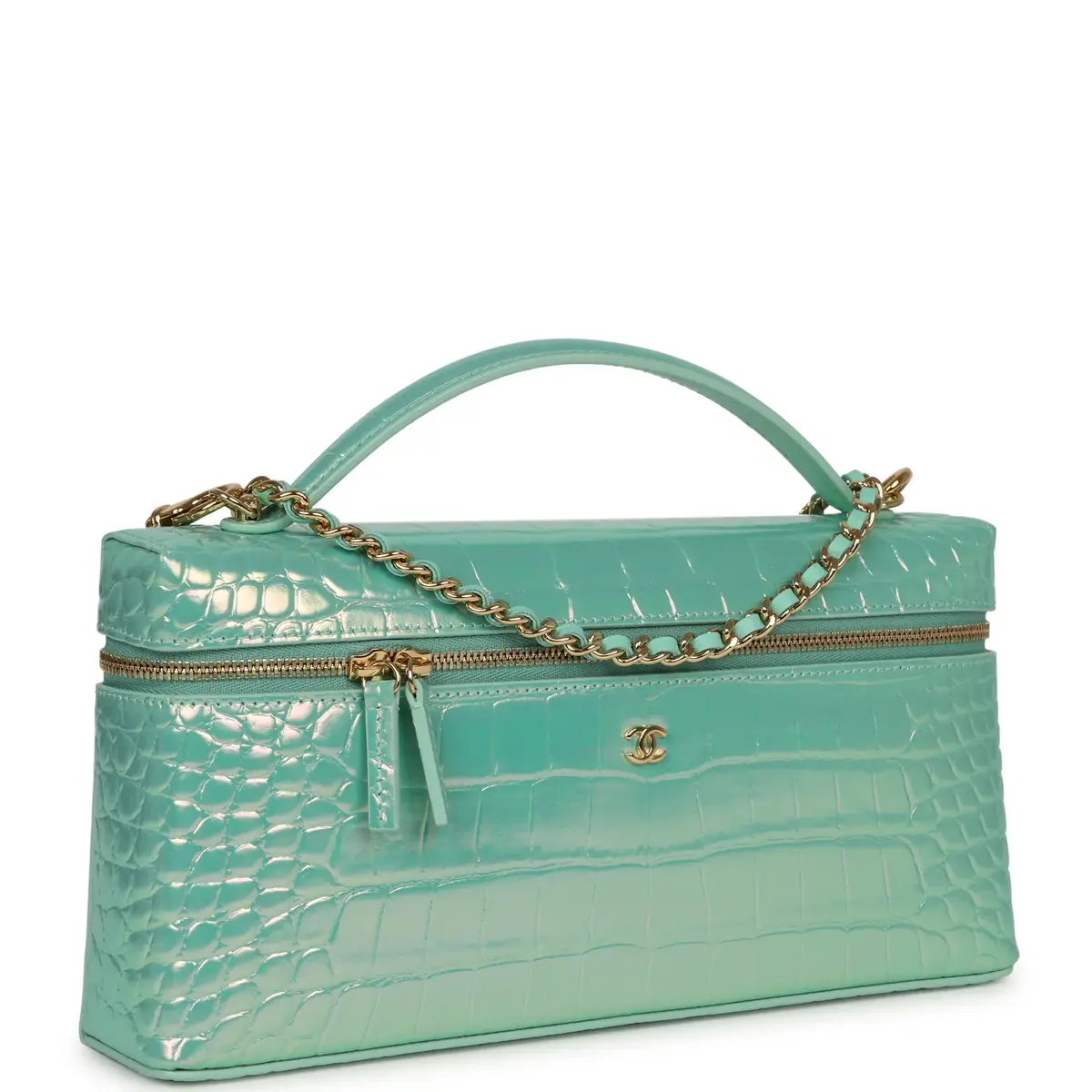 Chanel Chanel Large East West Top Handle Long Vanity Case with Chain Turquoise Iridescent Embossed Croc Calfskin Gold Hardware | Thumbnail 2 Chanel Chanel Large East West Top Handle Long Vanity Case with Chain Turquoise Iridescent Embossed Croc Calfskin Gold Hardware | Thumbnail 2