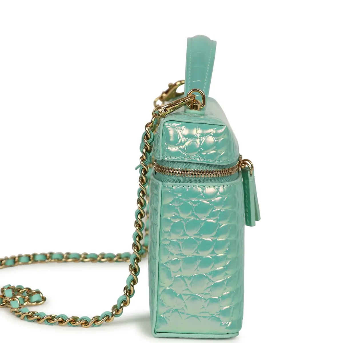 Chanel Chanel Large East West Top Handle Long Vanity Case with Chain Turquoise Iridescent Embossed Croc Calfskin Gold Hardware | Thumbnail 3 Chanel Chanel Large East West Top Handle Long Vanity Case with Chain Turquoise Iridescent Embossed Croc Calfskin Gold Hardware | Thumbnail 3