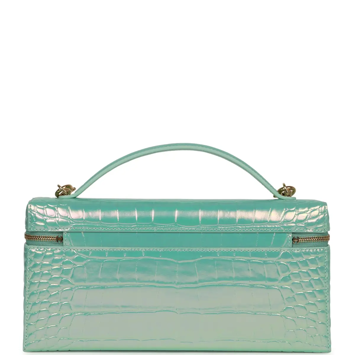 Chanel Chanel Large East West Top Handle Long Vanity Case with Chain Turquoise Iridescent Embossed Croc Calfskin Gold Hardware | Thumbnail 4 Chanel Chanel Large East West Top Handle Long Vanity Case with Chain Turquoise Iridescent Embossed Croc Calfskin Gold Hardware | Thumbnail 4