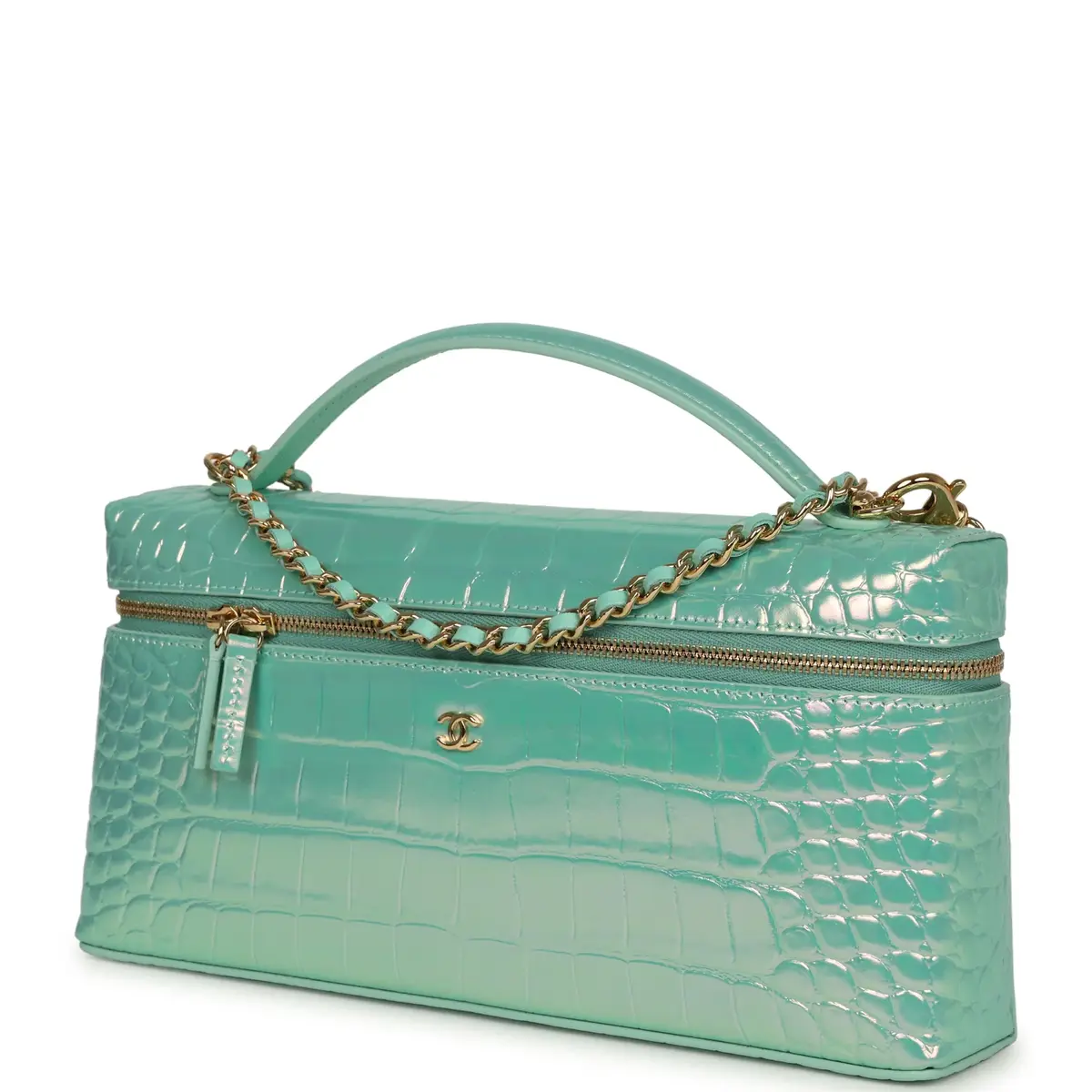 Chanel Chanel Large East West Top Handle Long Vanity Case with Chain Turquoise Iridescent Embossed Croc Calfskin Gold Hardware | Thumbnail 5 Chanel Chanel Large East West Top Handle Long Vanity Case with Chain Turquoise Iridescent Embossed Croc Calfskin Gold Hardware | Thumbnail 5