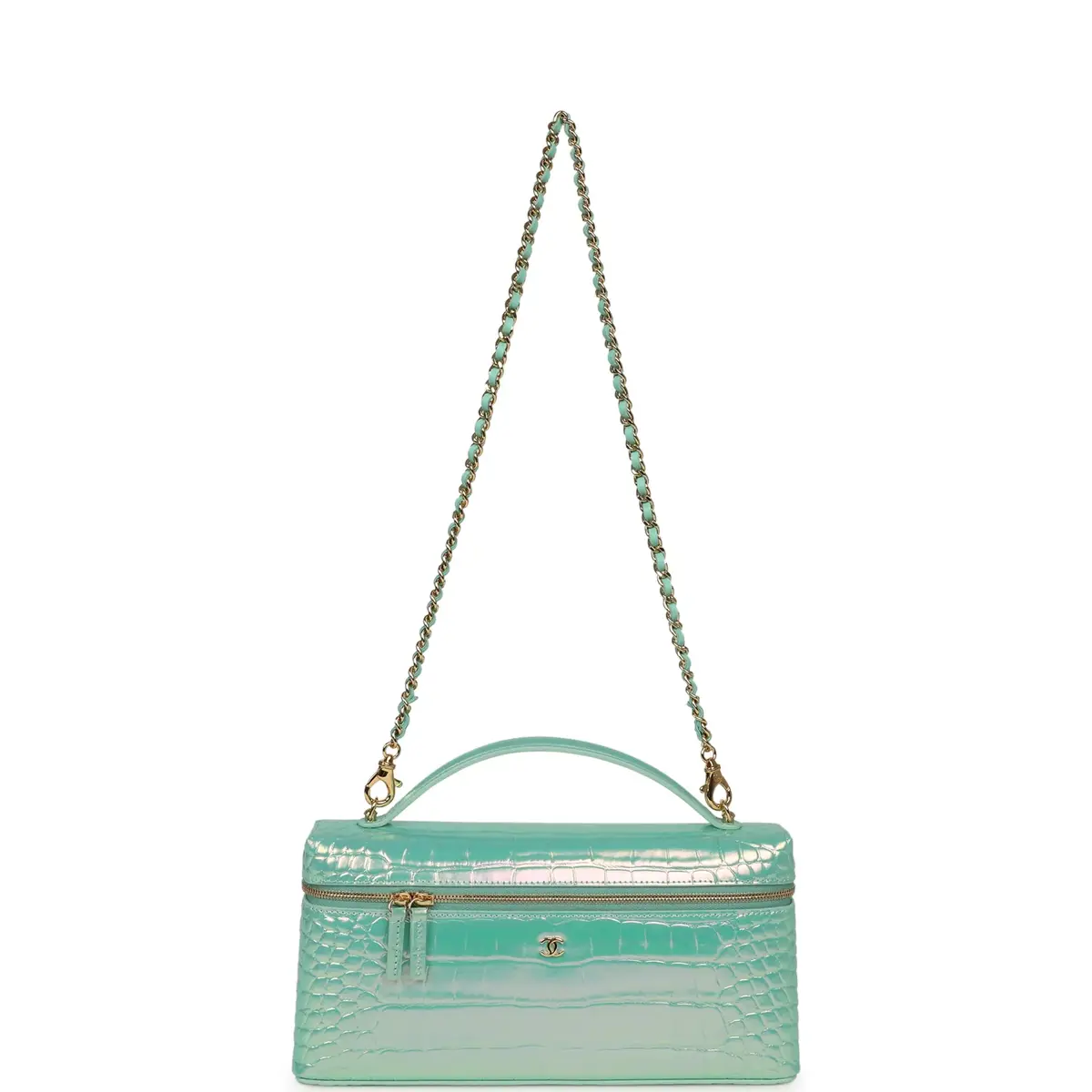 Chanel Chanel Large East West Top Handle Long Vanity Case with Chain Turquoise Iridescent Embossed Croc Calfskin Gold Hardware | Thumbnail 7 Chanel Chanel Large East West Top Handle Long Vanity Case with Chain Turquoise Iridescent Embossed Croc Calfskin Gold Hardware | Thumbnail 7
