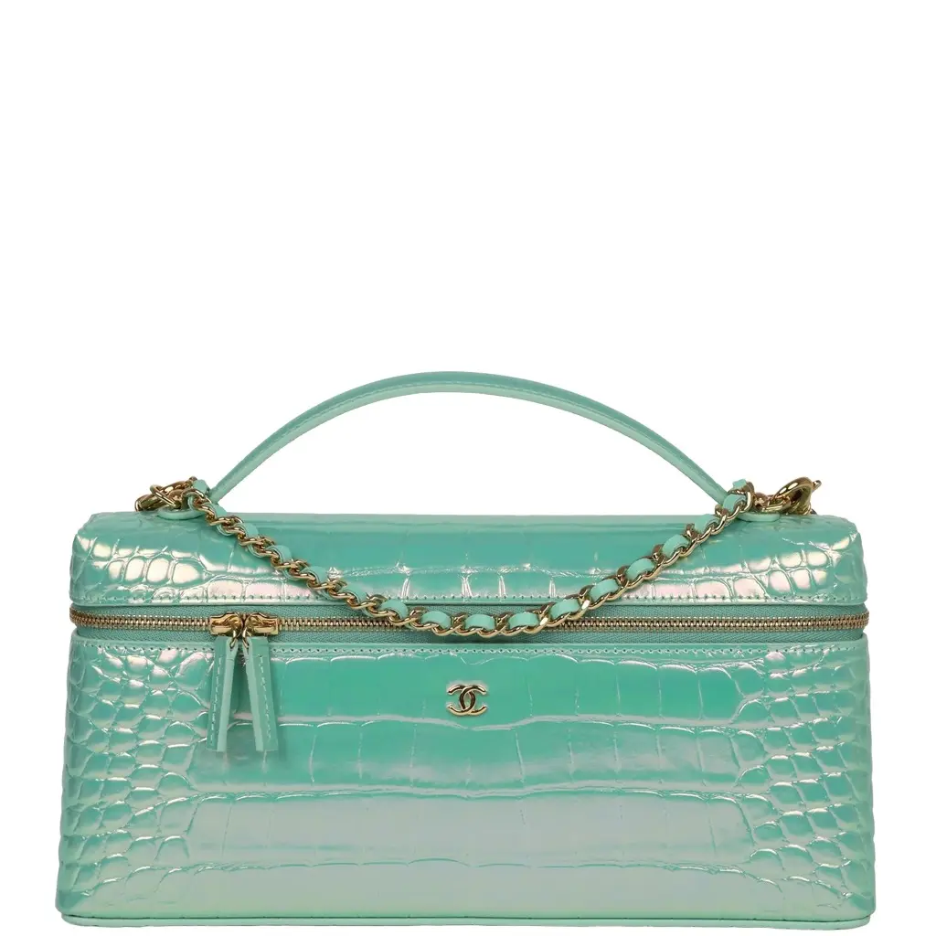 Chanel Chanel Large East West Top Handle Long Vanity Case with Chain Turquoise Iridescent Embossed Croc Calfskin Gold Hardware