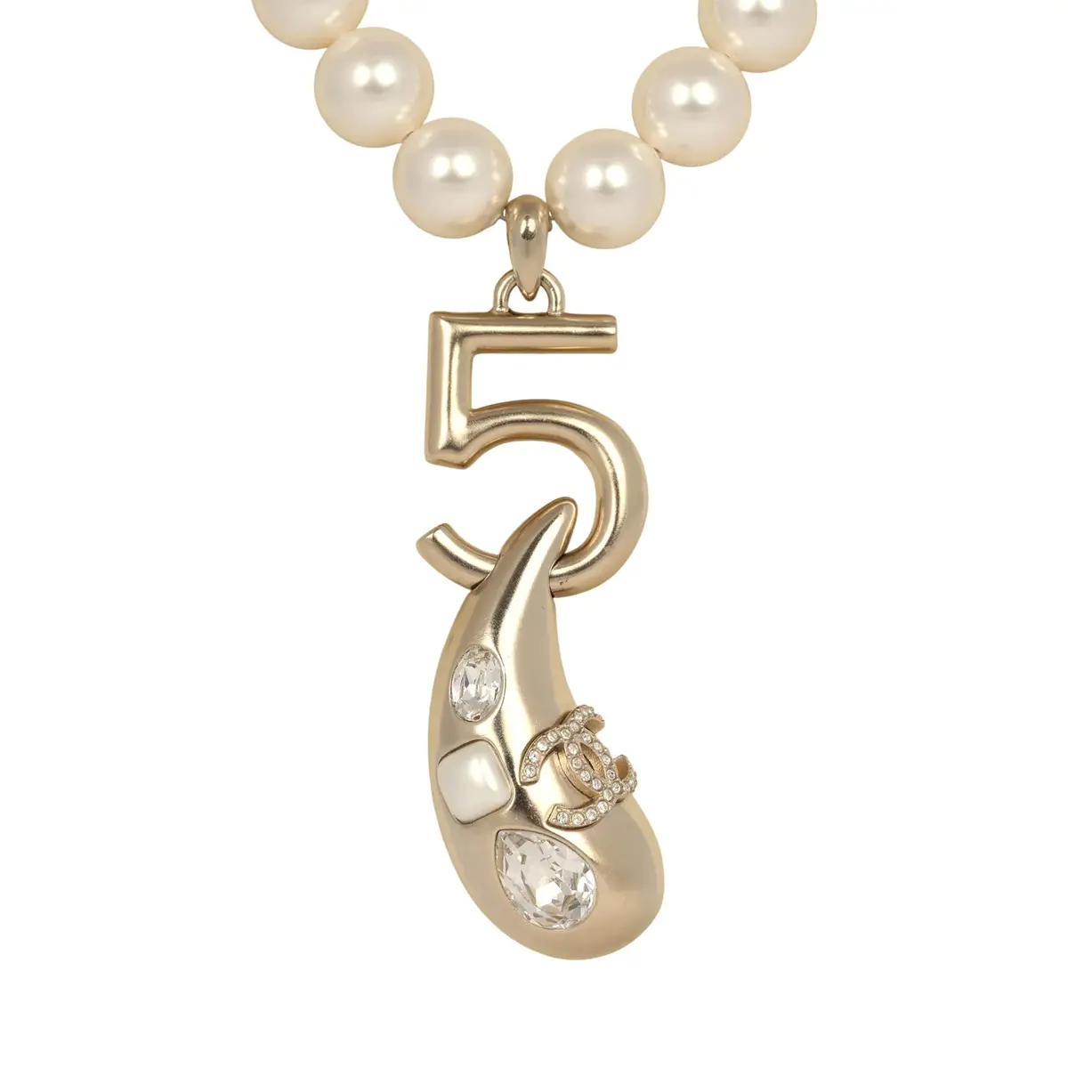 Chanel Chanel No.5 Pearl Drop Short Pearl Necklace White, Light Gold Tone Hardware | Thumbnail 2