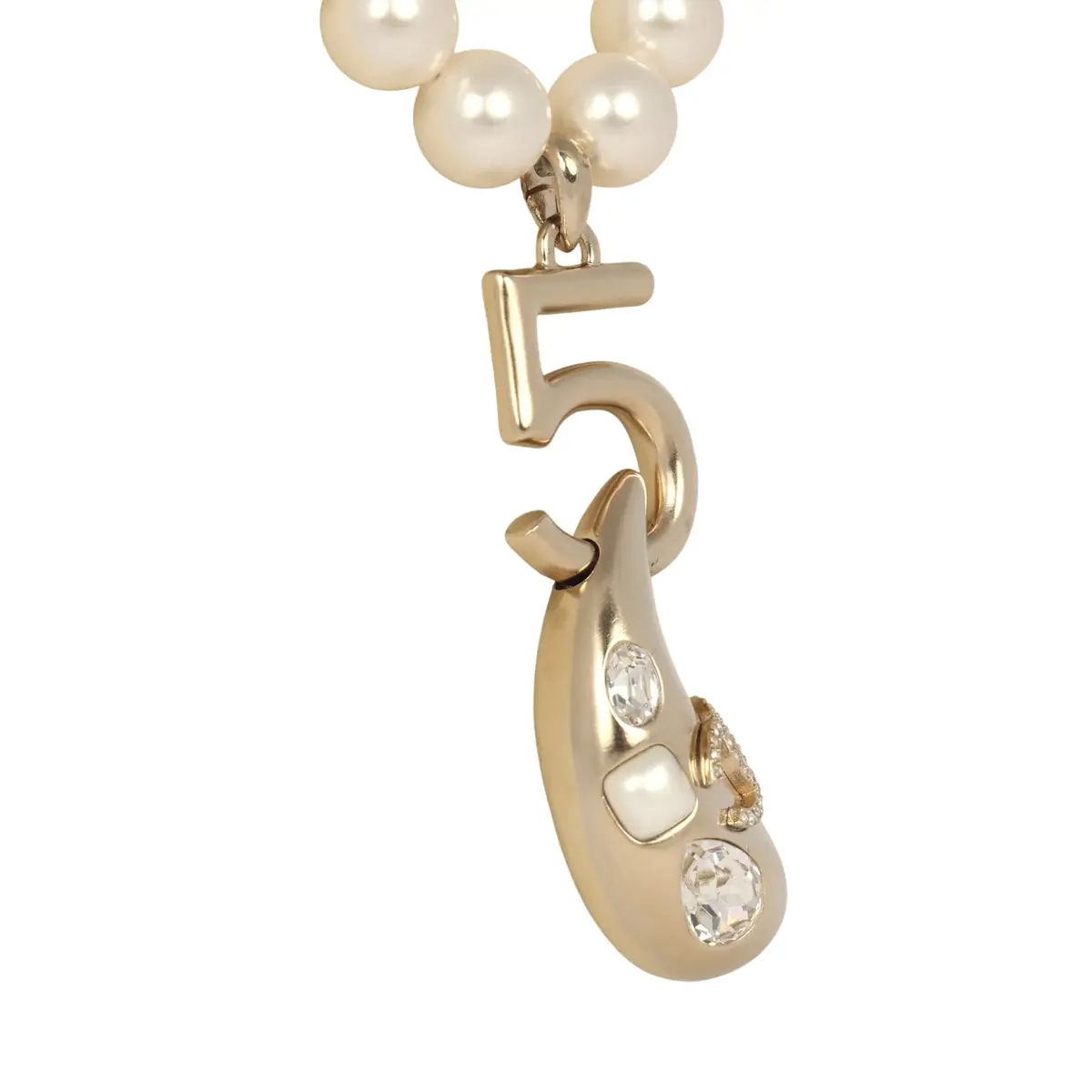 Chanel Chanel No.5 Pearl Drop Short Pearl Necklace White, Light Gold Tone Hardware | Thumbnail 3