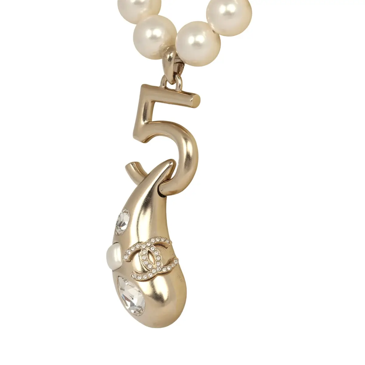 Chanel Chanel No.5 Pearl Drop Short Pearl Necklace White, Light Gold Tone Hardware | Thumbnail 4