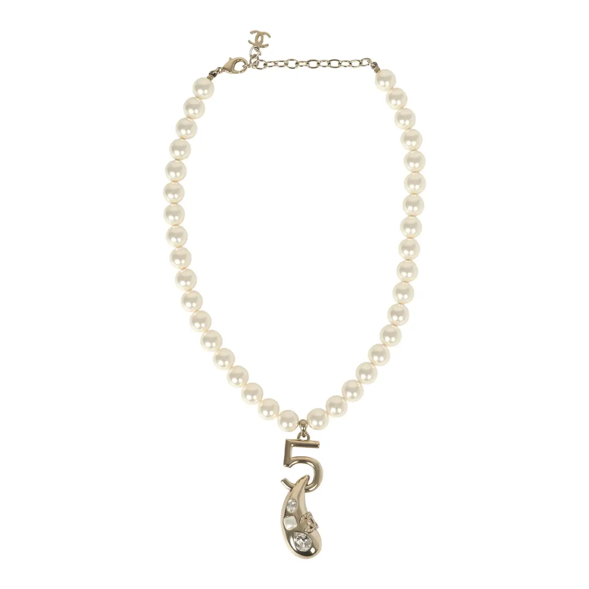 Chanel Chanel No.5 Pearl Drop Short Pearl Necklace White, Light Gold Tone Hardware | Thumbnail 7