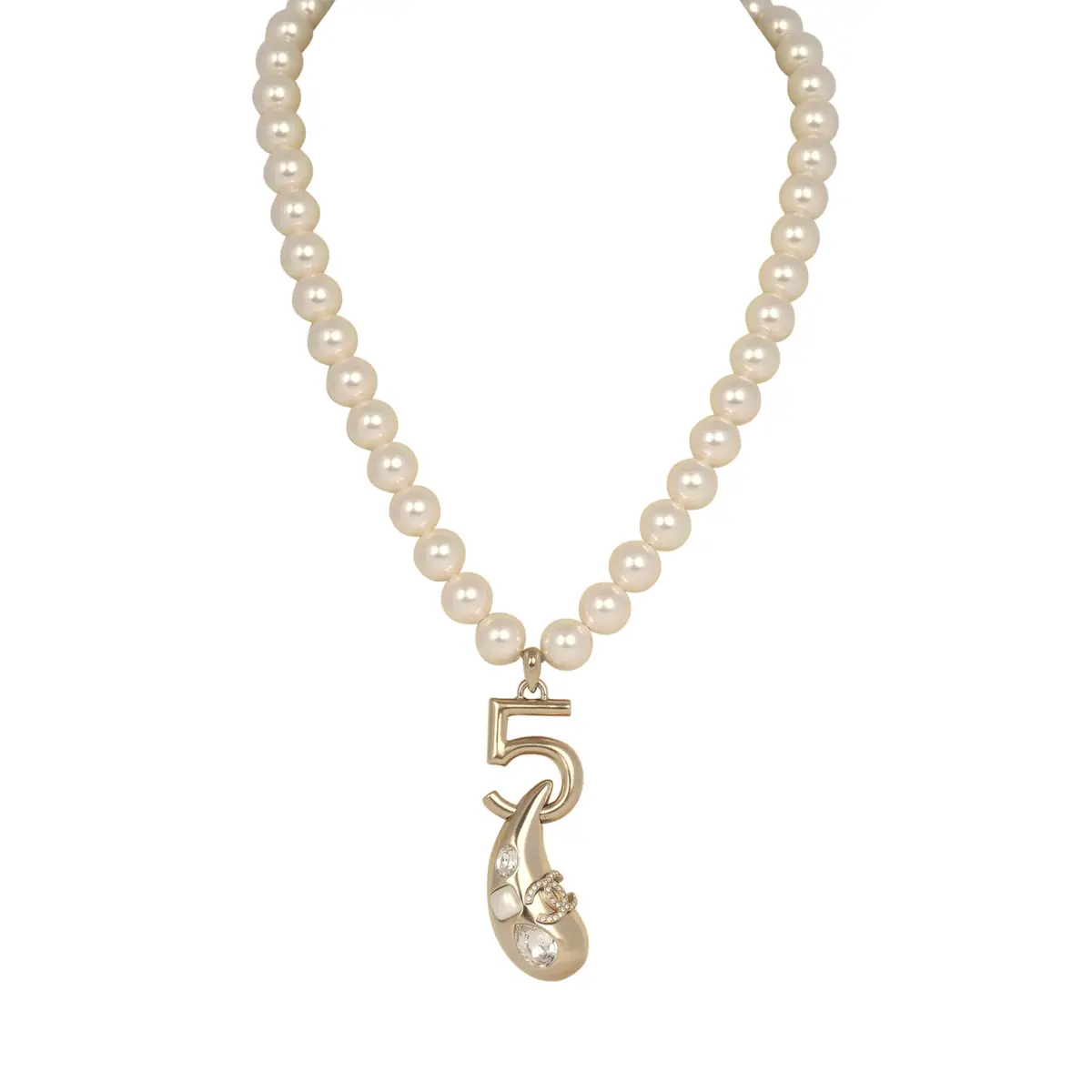 Chanel Chanel No.5 Pearl Drop Short Pearl Necklace White, Light Gold Tone Hardware