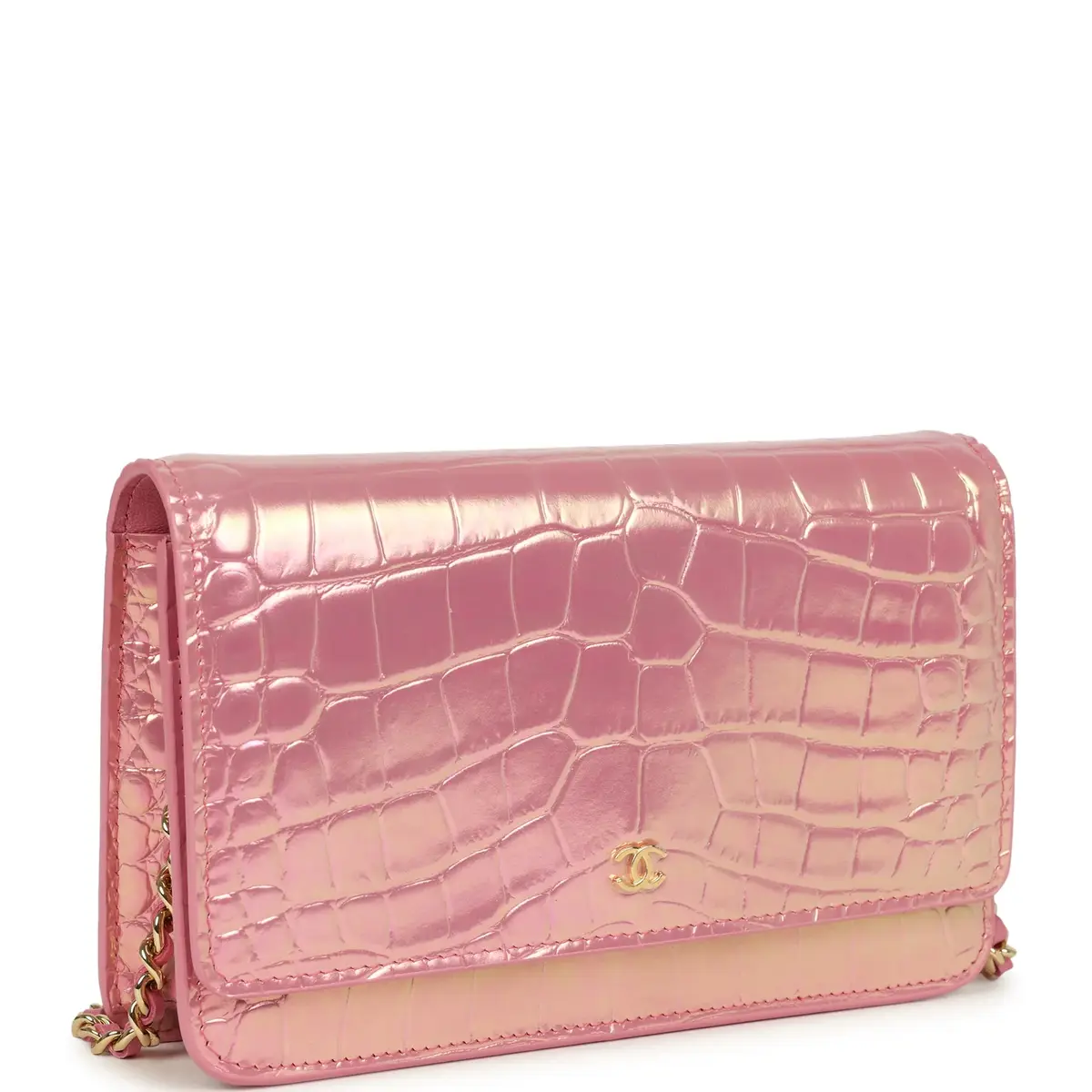 Chanel Chanel Wallet on Chain WOC Pink Iridescent Croc Embossed Calfskin Gold Hardware | Thumbnail 2