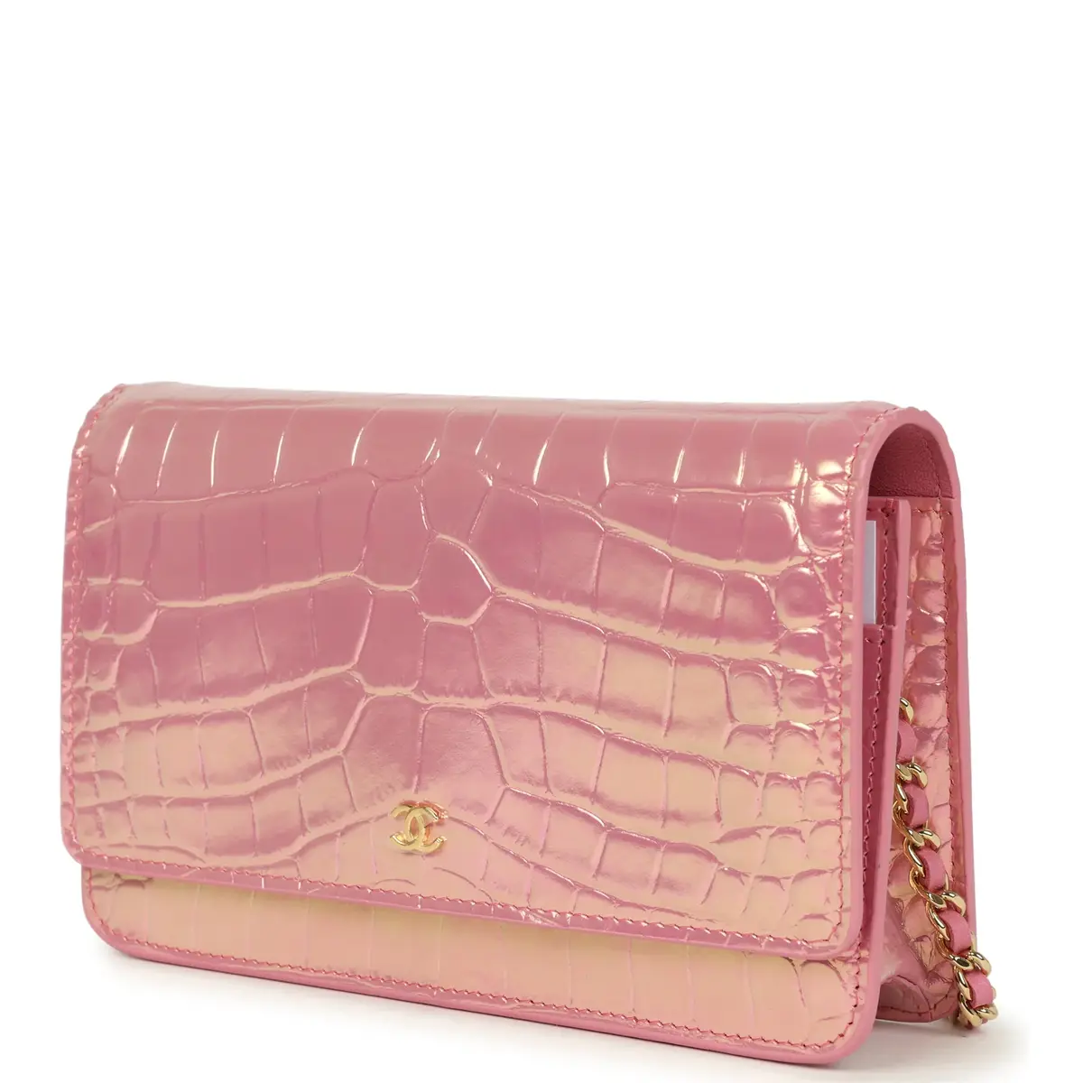 Chanel Chanel Wallet on Chain WOC Pink Iridescent Croc Embossed Calfskin Gold Hardware | Thumbnail 5