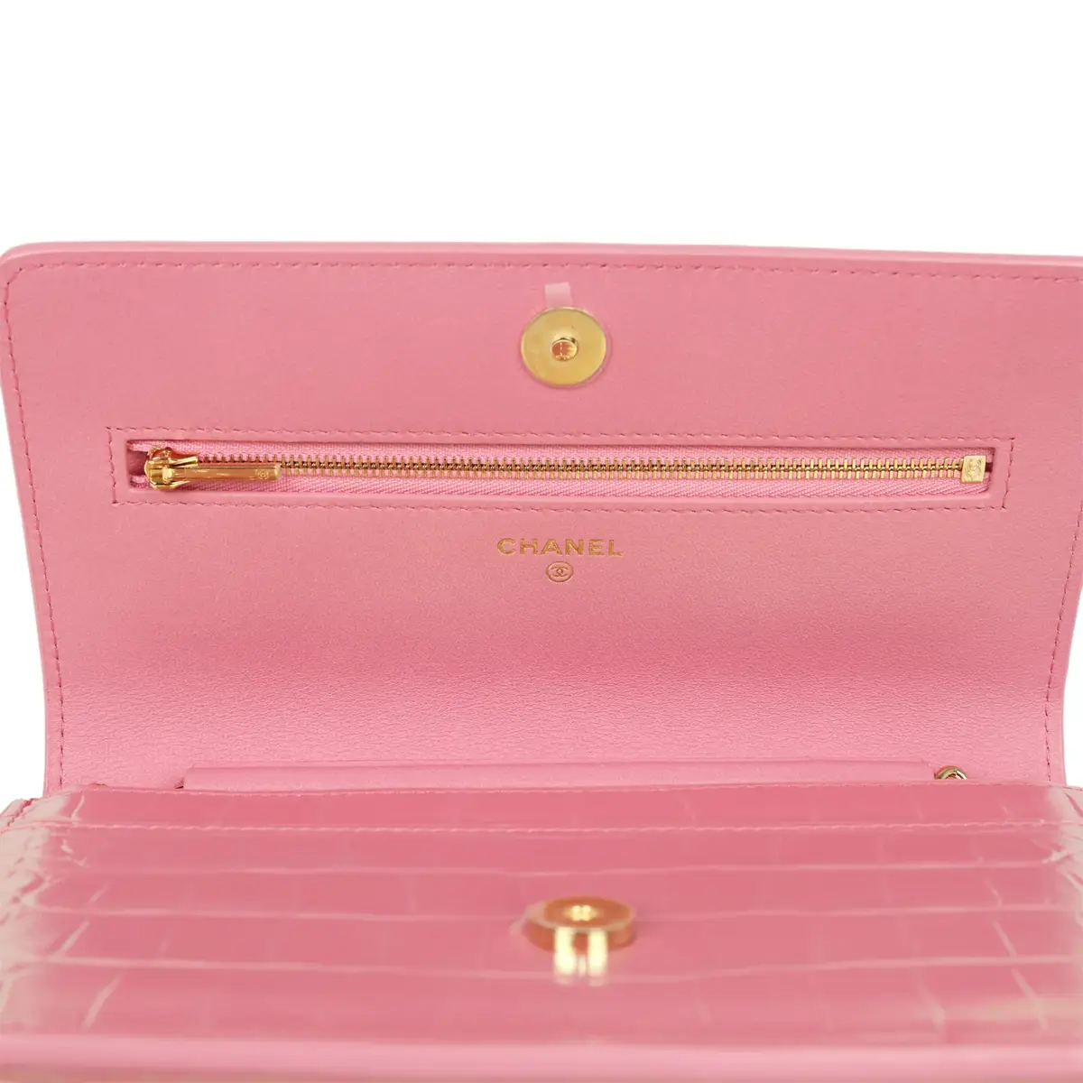 Chanel Chanel Wallet on Chain WOC Pink Iridescent Croc Embossed Calfskin Gold Hardware | Thumbnail 8