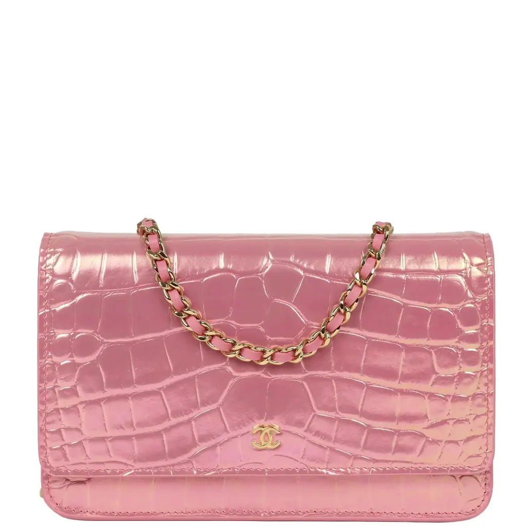Chanel Wallet on Chain WOC Pink Iridescent Croc Embossed Calfskin Gold Hardware Chanel Wallet on Chain WOC Pink Iridescent Croc Embossed Calfskin Gold Hardware