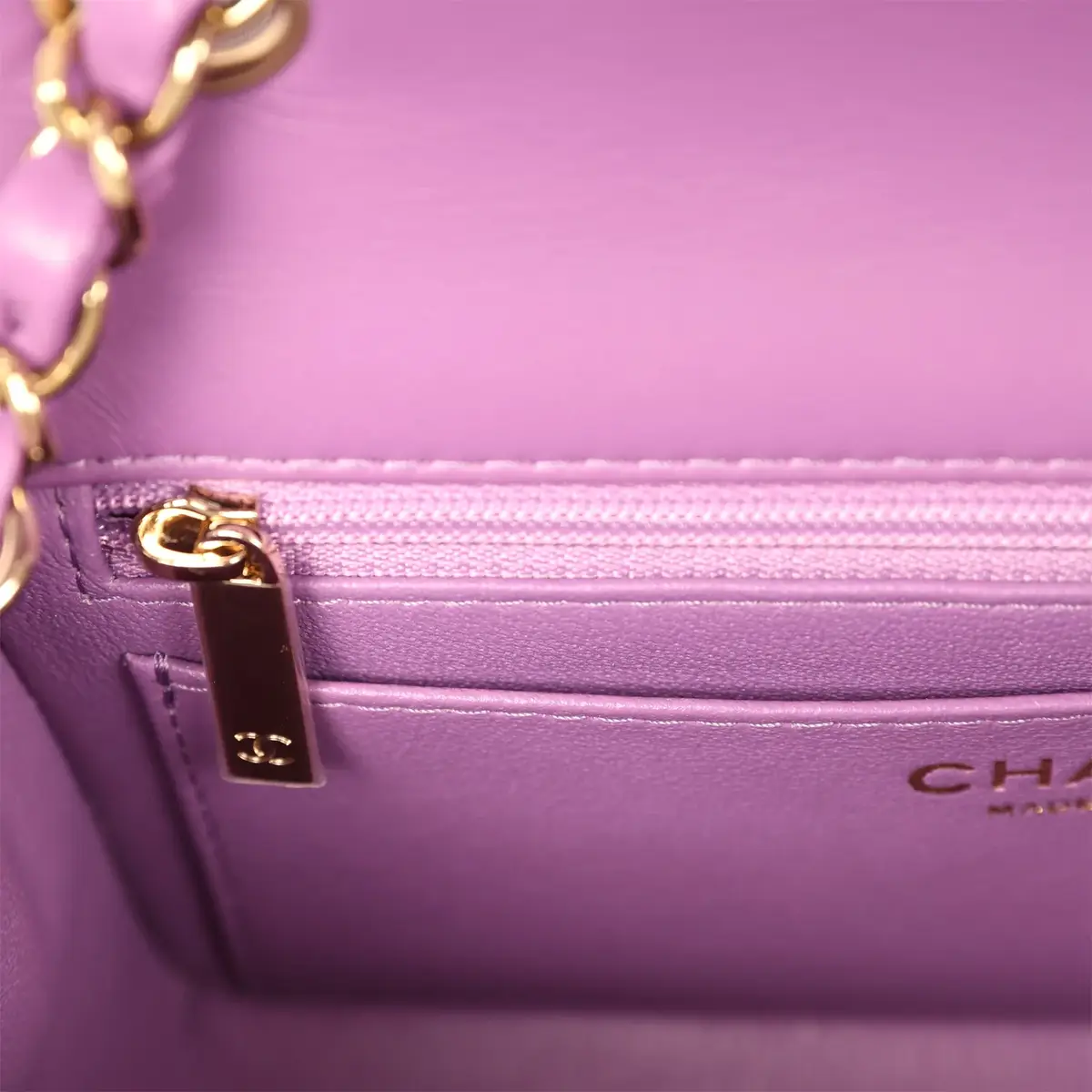 Chanel Pre-owned Chanel Mini Rectangular Flap Bag Purple Lambskin Light Gold Hardware | Thumbnail 8 Chanel Pre-owned Chanel Mini Rectangular Flap Bag Purple Lambskin Light Gold Hardware | Thumbnail 8