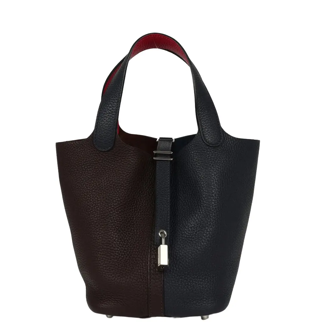 HERMÈS Pre-owned Hermes Picotin 18 Casaque Bleu Nuit, Rouge Sellier, Framboise Clemence Palladium Hardware