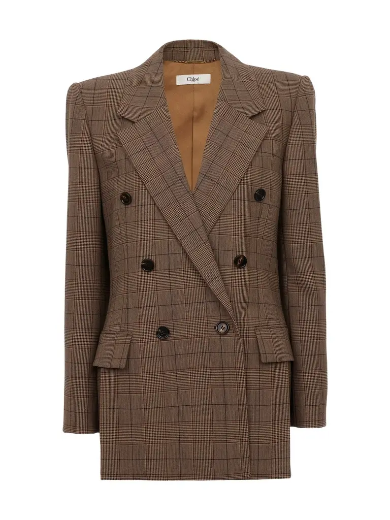 Chloé Check Wool Double-Breasted Tailored Jacket