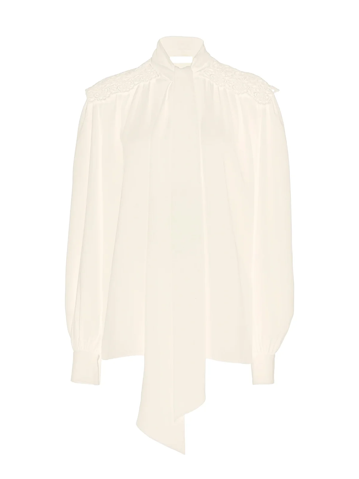 Chloé Crêpe de Chine and Lace Gathered Scarf-Tie Blouse