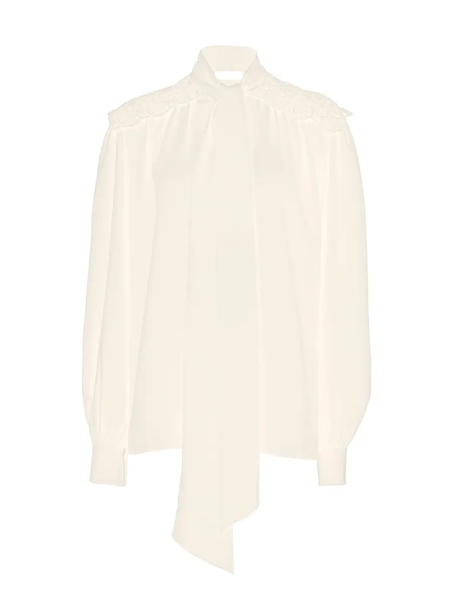 Chloé Crêpe de Chine and Lace Gathered Scarf-Tie Blouse