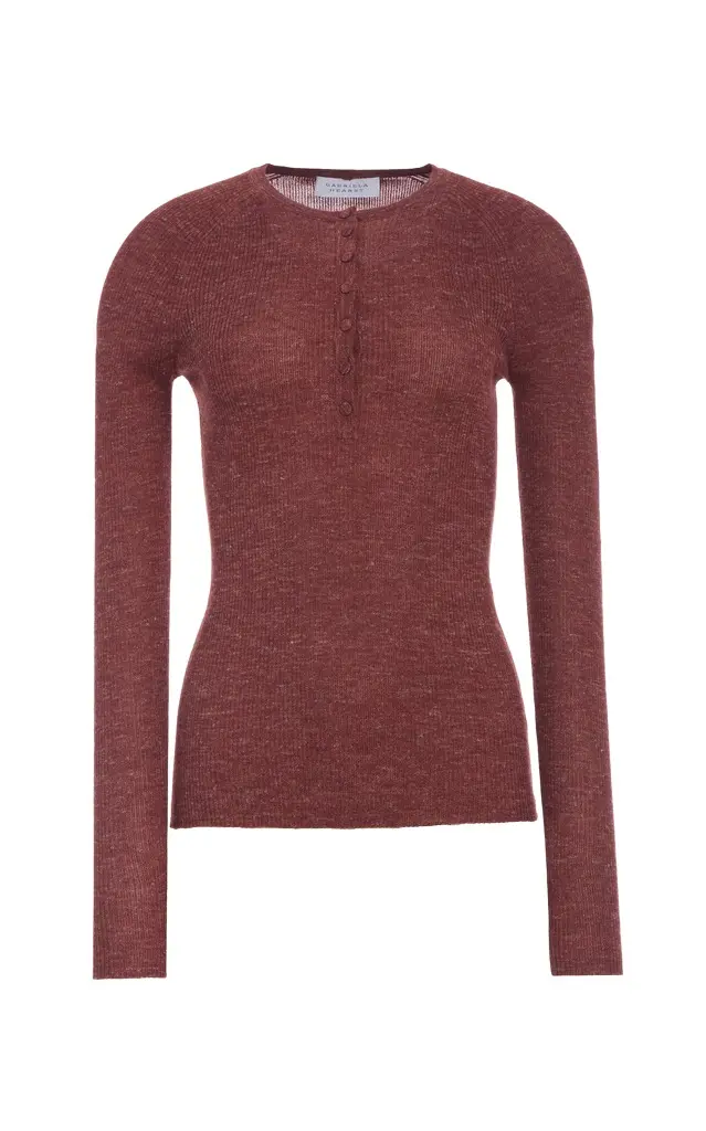 Gabriela Hearst Anges Knit Henley in Burnt Sienna Cashmere Silk with Hemp