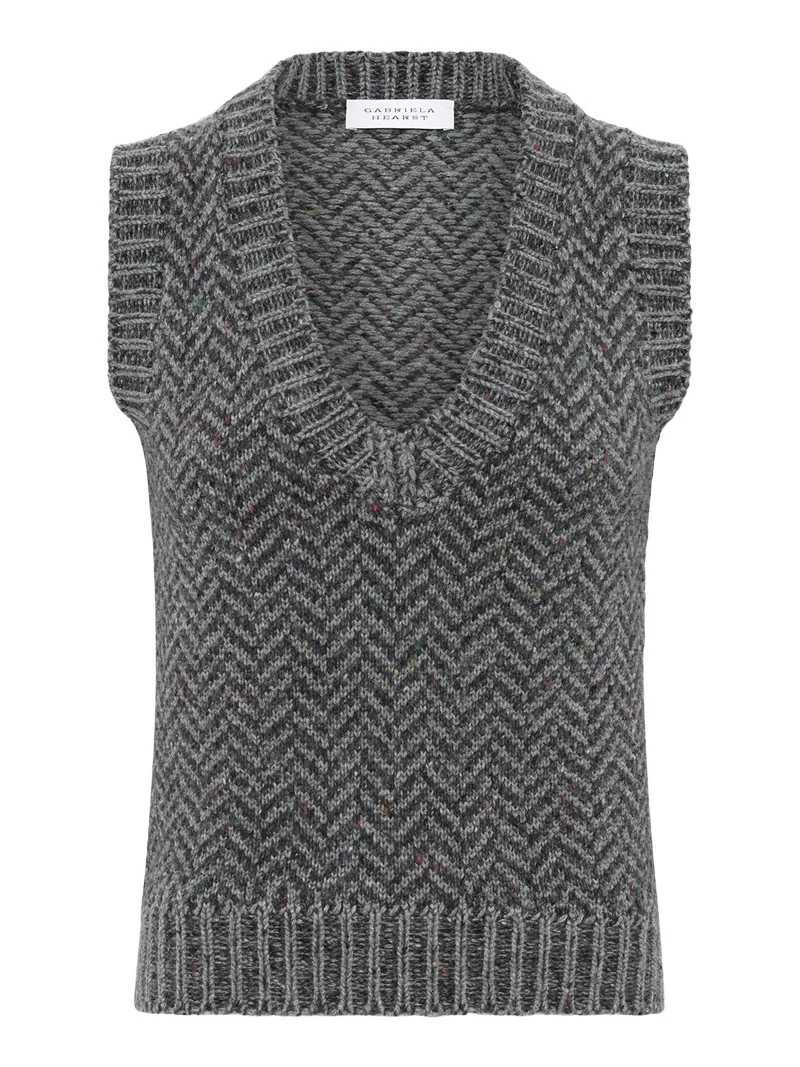 Gabriela Hearst Cresset Knit Vest in Charcoal Multi Cashmere Herringbone