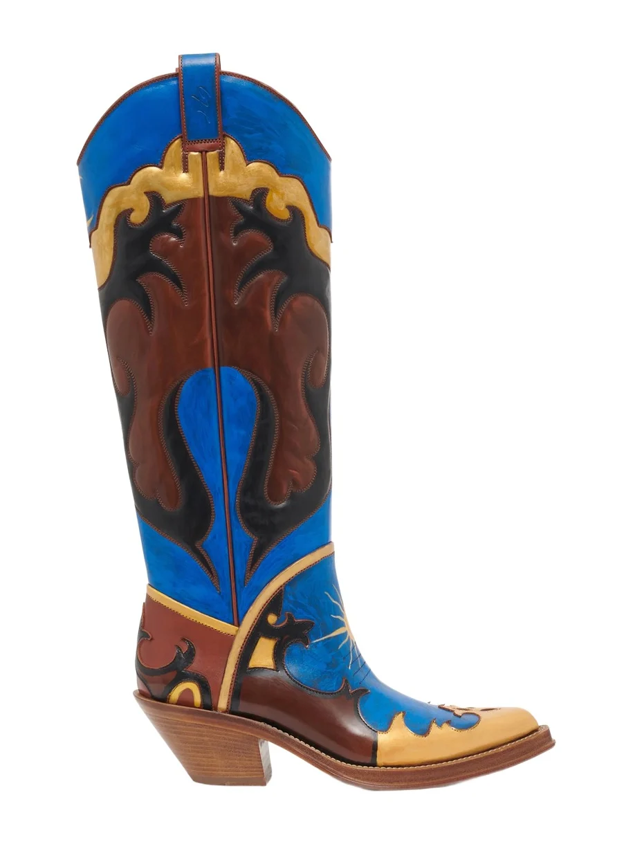 Gabriela Hearst Hand Painted Capitana Cowboy Boot in Cognac, Blue & Gold Leather