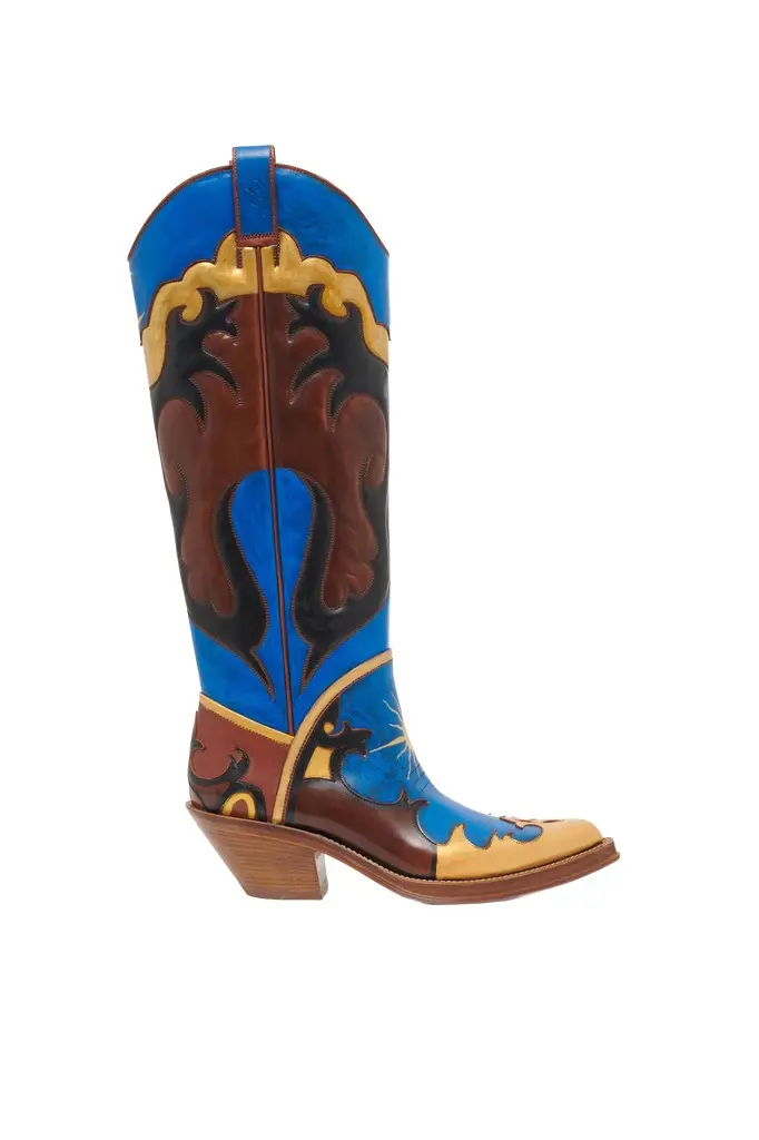 Hand Painted Capitana Cowboy Boot in Cognac, Blue & Gold Leather Hand Painted Capitana Cowboy Boot in Cognac, Blue & Gold Leather