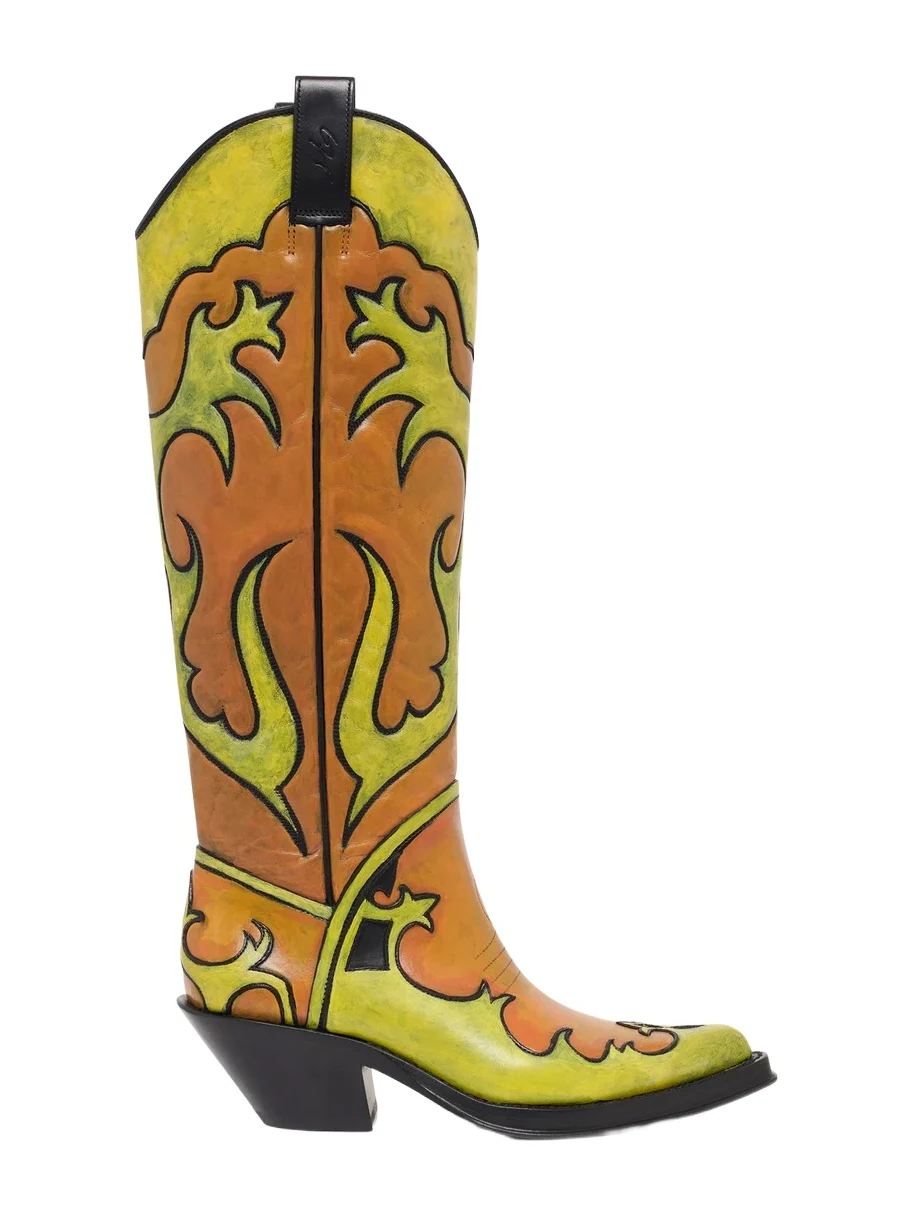 Gabriela Hearst Hand Painted Capitana Cowboy Boot in Orange & Yellow Leather