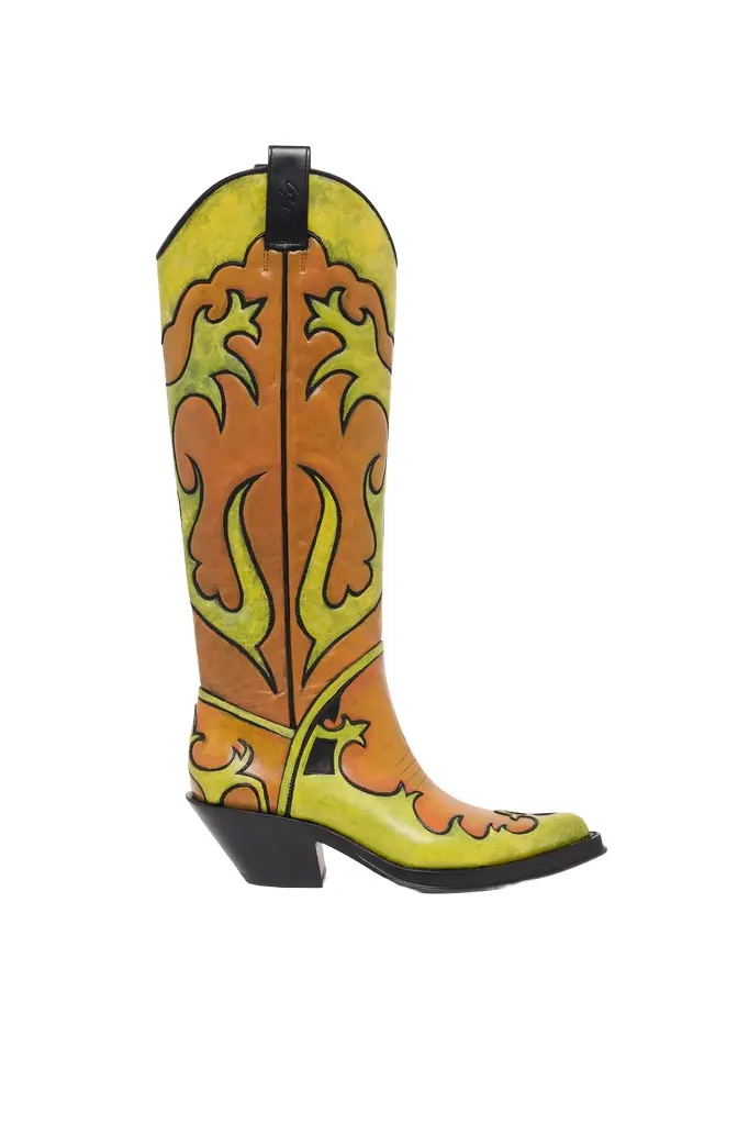 Gabriela Hearst Hand Painted Capitana Cowboy Boot in Orange & Yellow Leather