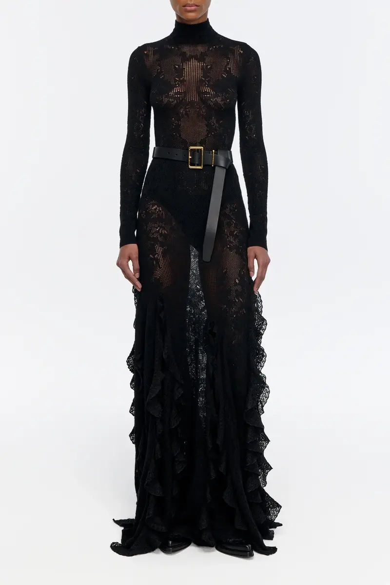 Gabriela Hearst Garnet Pointelle Knit Lace Skirt in Black Silk Merino Wool with Custom Ruffles | Thumbnail 3