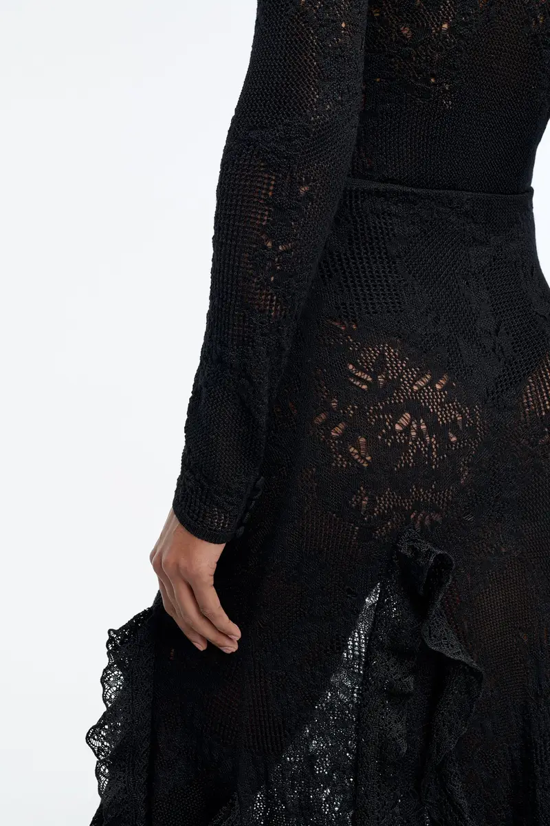 Gabriela Hearst Garnet Pointelle Knit Lace Skirt in Black Silk Merino Wool with Custom Ruffles | Thumbnail 6