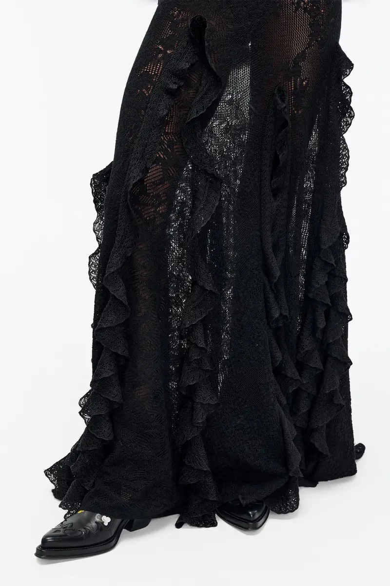Gabriela Hearst Garnet Pointelle Knit Lace Skirt in Black Silk Merino Wool with Custom Ruffles | Thumbnail 7