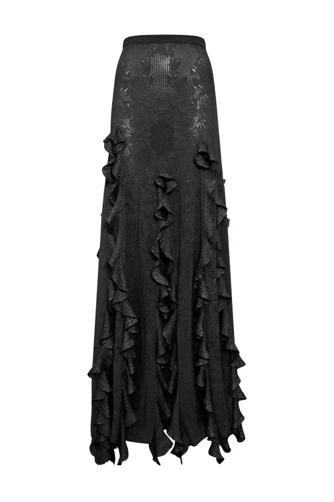Garnet Pointelle Knit Lace Skirt in Black Silk Merino Wool with Custom Ruffles Garnet Pointelle Knit Lace Skirt in Black Silk Merino Wool with Custom Ruffles
