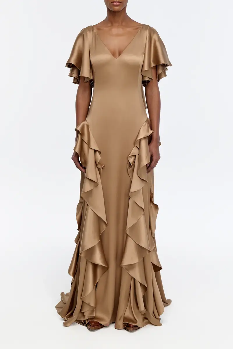 Gabriela Hearst Spiral Ruffles Dress in Camel Silk Satin | Thumbnail 2 Gabriela Hearst Spiral Ruffles Dress in Camel Silk Satin | Thumbnail 2