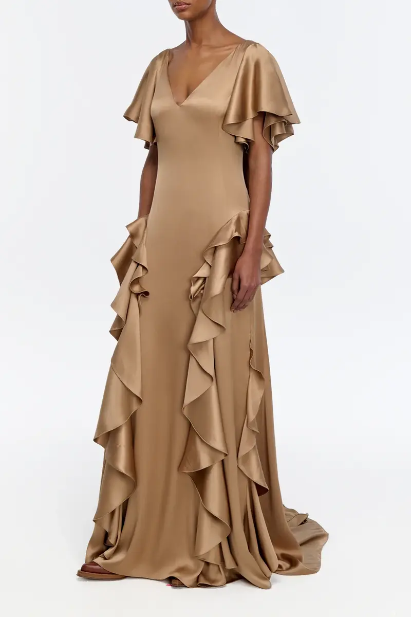 Gabriela Hearst Spiral Ruffles Dress in Camel Silk Satin | Thumbnail 3 Gabriela Hearst Spiral Ruffles Dress in Camel Silk Satin | Thumbnail 3