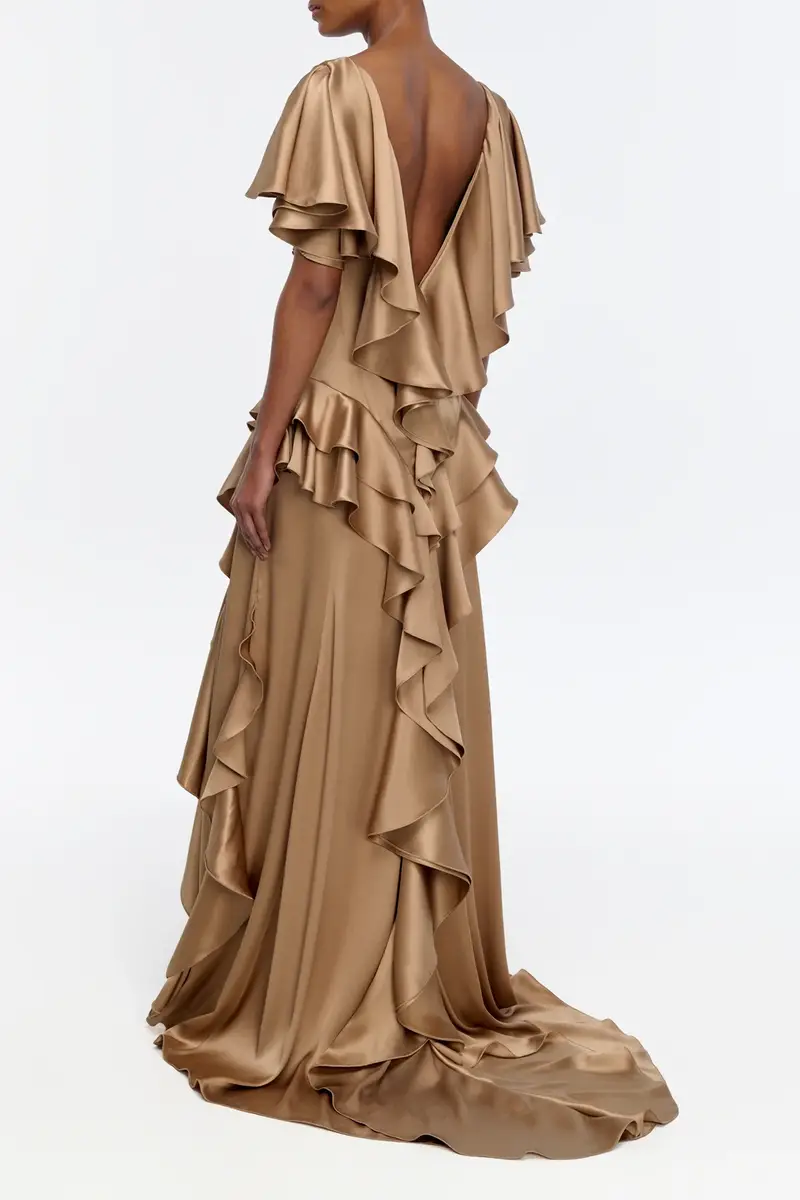 Gabriela Hearst Spiral Ruffles Dress in Camel Silk Satin | Thumbnail 4 Gabriela Hearst Spiral Ruffles Dress in Camel Silk Satin | Thumbnail 4